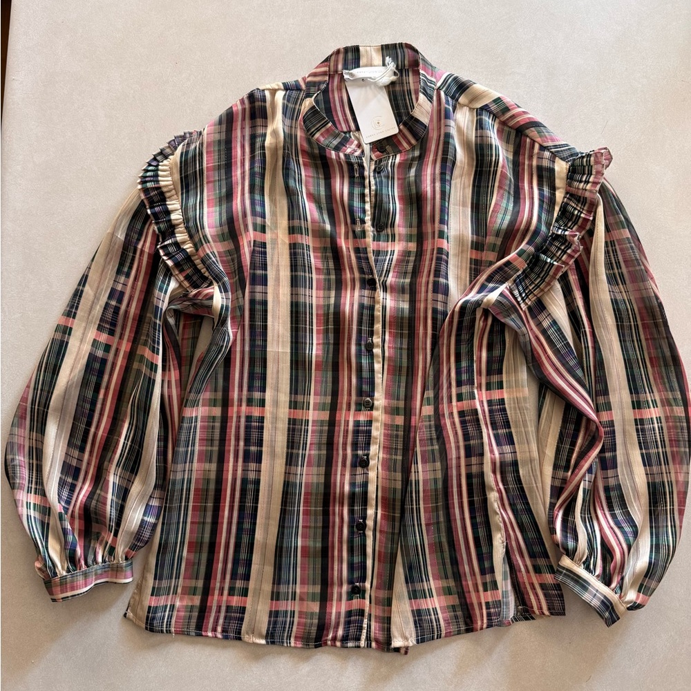 Corey Lynn Calter Fuchsia Striped Holiday Elina Plaid Blouse